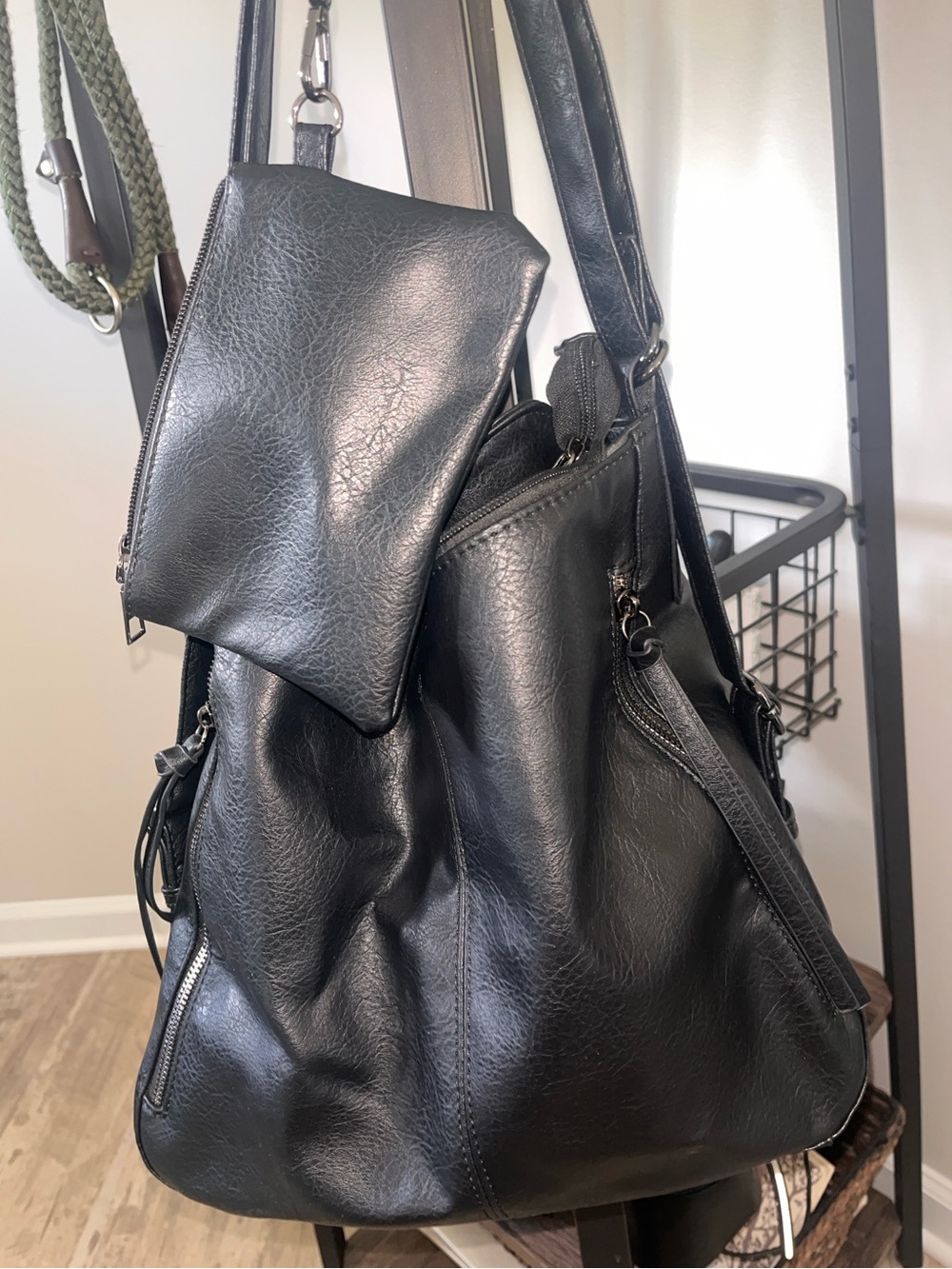 Black Leather Bag Shoulder/Backpack with Removable Pouch